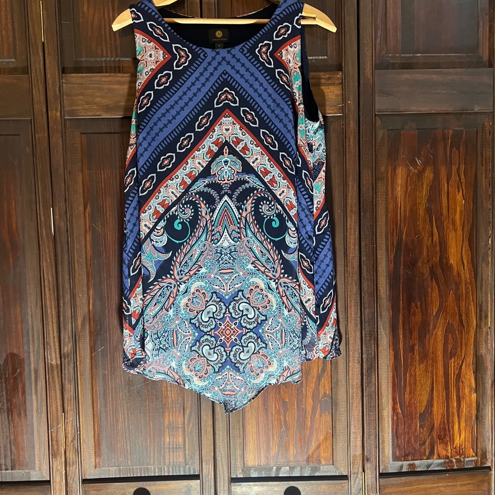 JM collection Bohemian‎ Patterned Tank Top - Navy and Coral